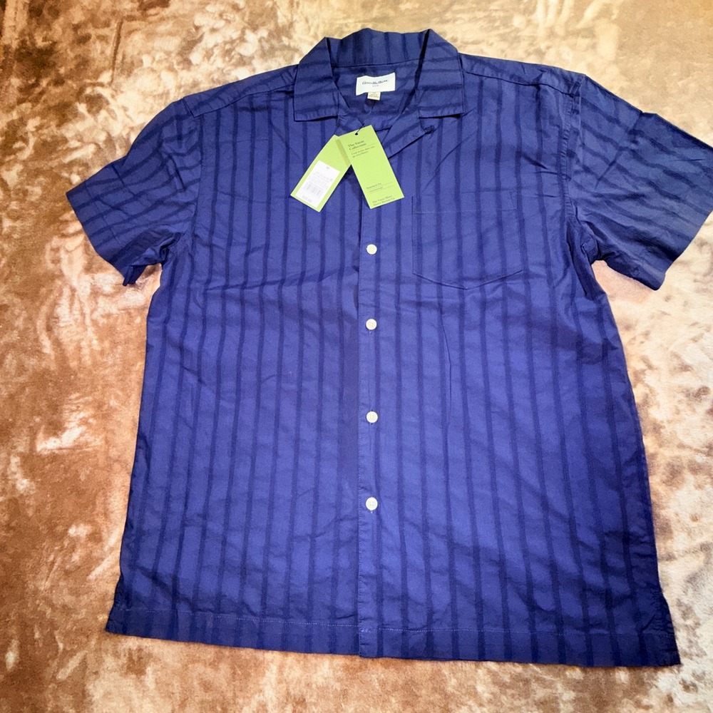 Goodfellow & Co Dobby Stripe Camp Shirt Mens L Navy New Vacay Collection Cotton
